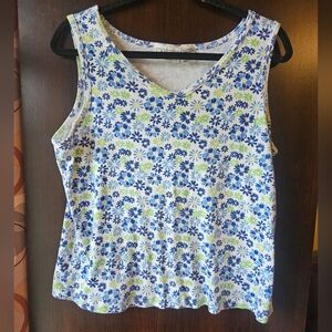 Y2K Basic Editions White Tank Top with Blue and Green Floral Print Size XL